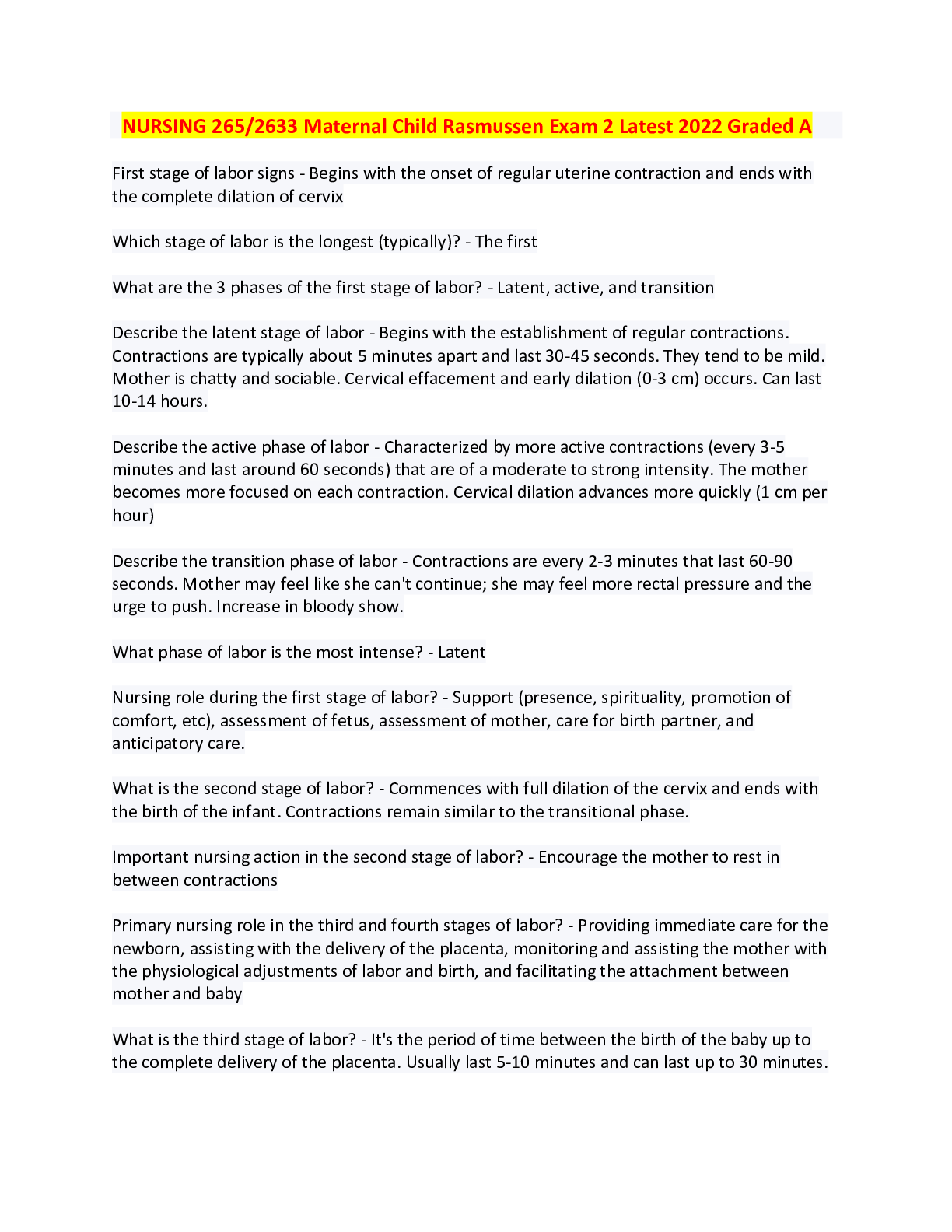 Preview image for NURSING 265/2633 Maternal Child Rasmussen Exam 2 Latest 2022 Graded A